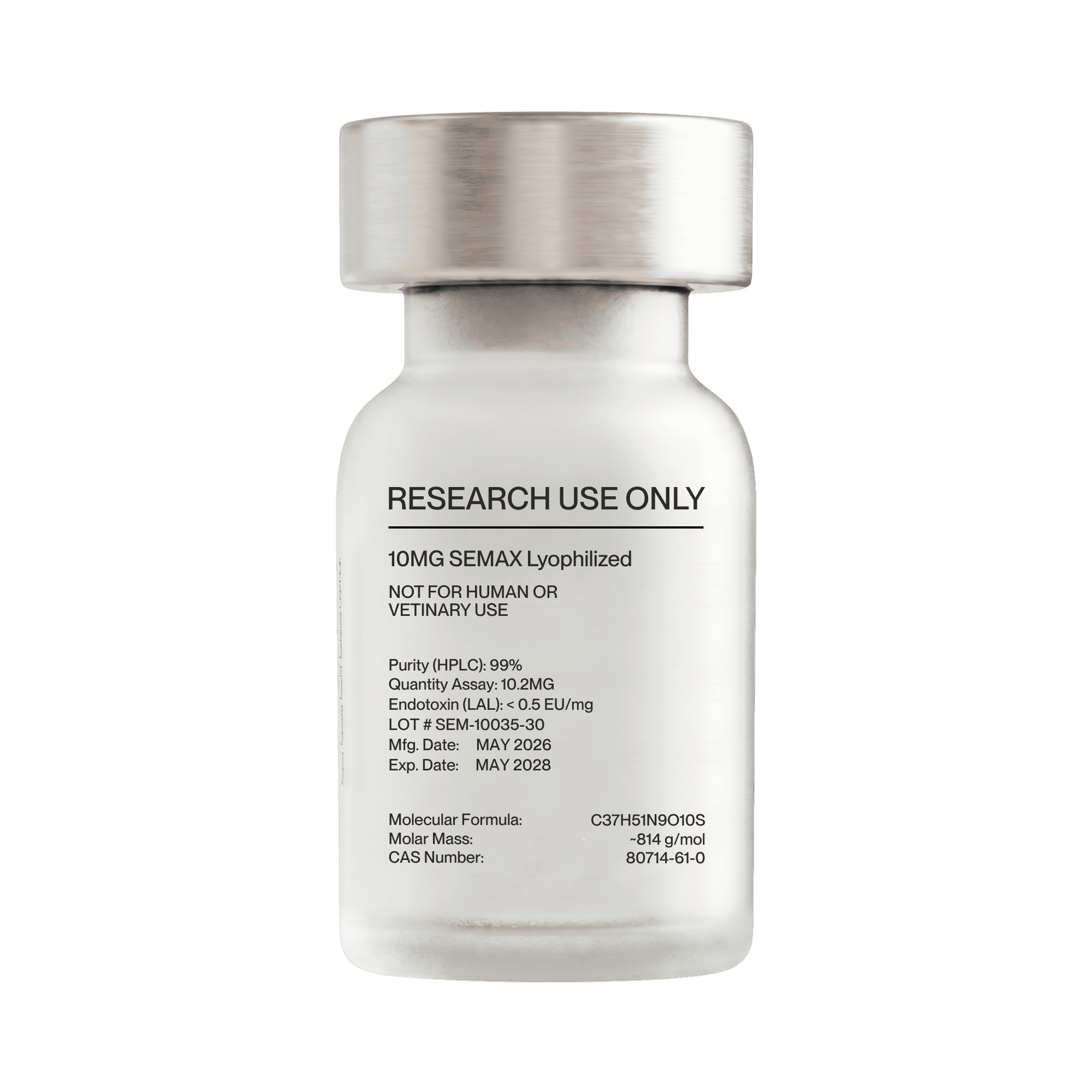 Semax 10MG research vial, reverse side